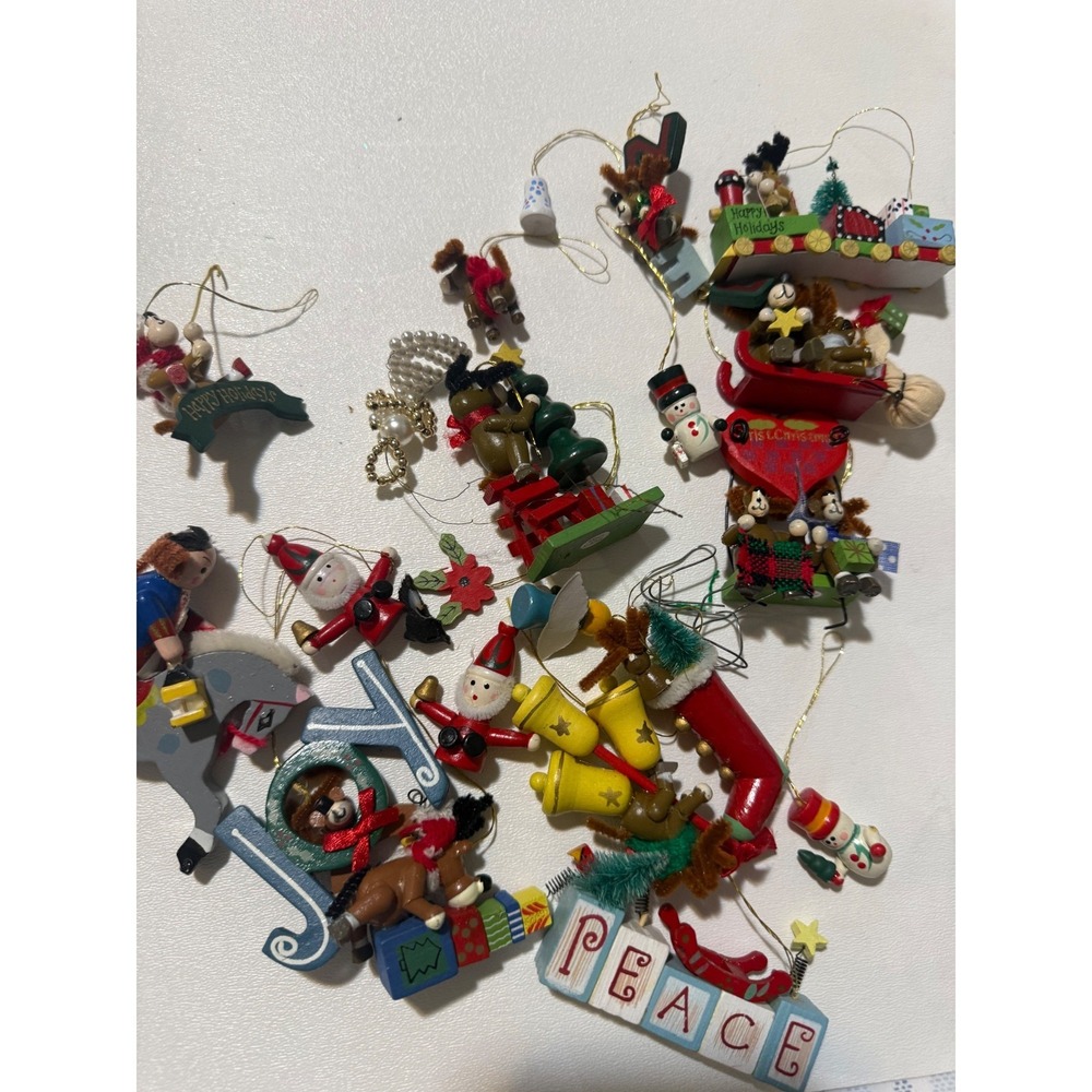 Vintage Wooden Christmas Ornament Lot Santa Reindeer Snowman Joy Peace‎ Folk Art